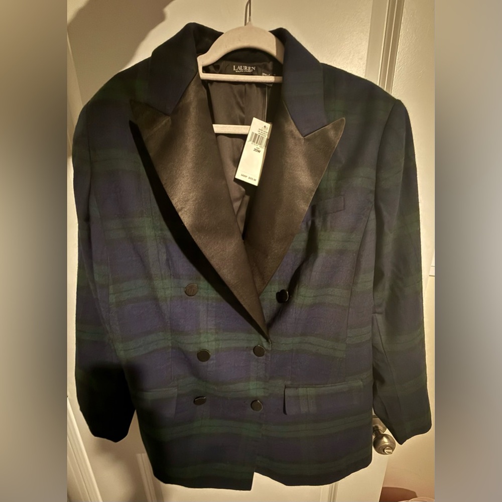 Lauren Ralph Lauren Green Navy Plaid Blazer Black Satin Trim Holiday Preppy 20W - Picture 4 of 9